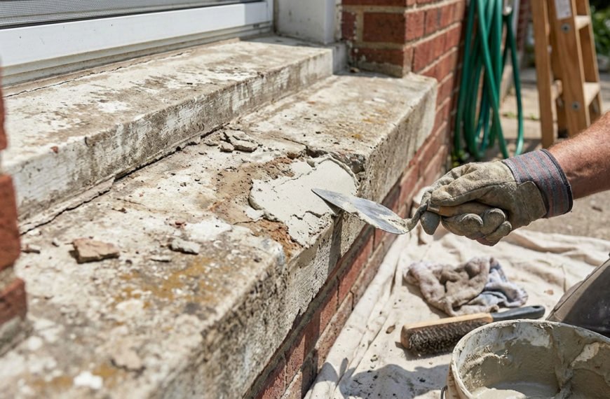 Close-up of gloved hands applying repair mortar to a damaged concrete window sill of a brick house, in bright daylight.