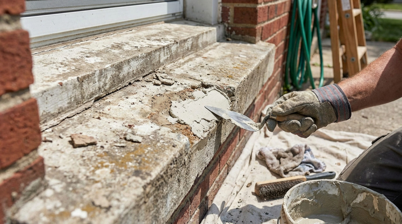 Close-up of gloved hands applying repair mortar to a damaged concrete window sill of a brick house, in bright daylight.