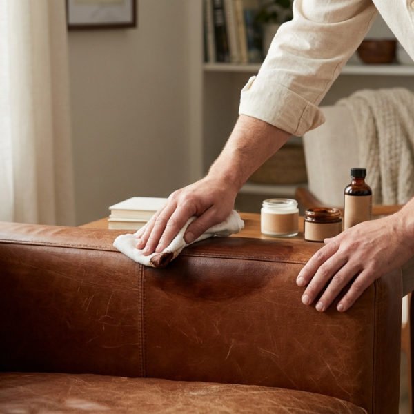 Man's hands applying renovating product to a luxurious, aged cognac leather sofa with a white cloth. Leather care items nearby.