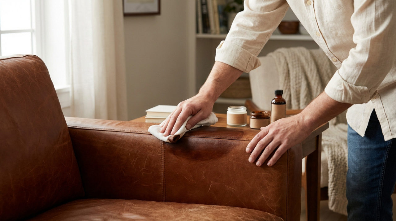 Man's hands applying renovating product to a luxurious, aged cognac leather sofa with a white cloth. Leather care items nearby.