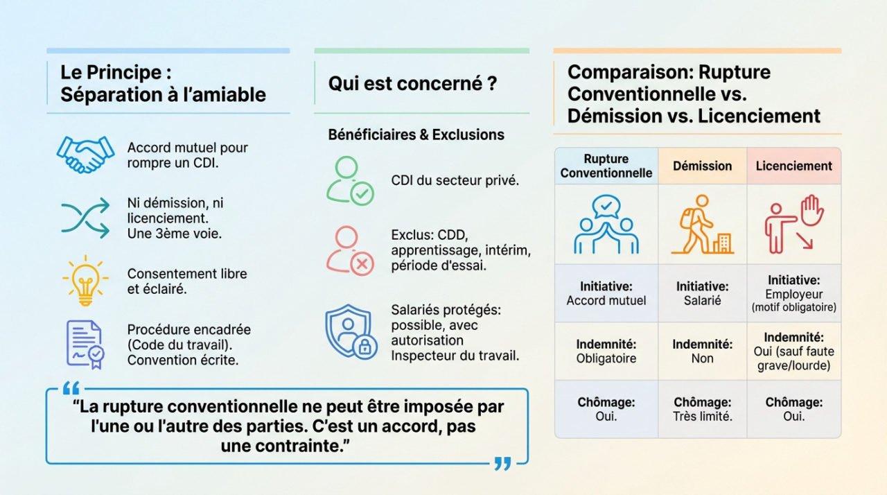 Schéma comparatif entre rupture conventionnelle, démission et licenciement expliquant les droits et indemnités