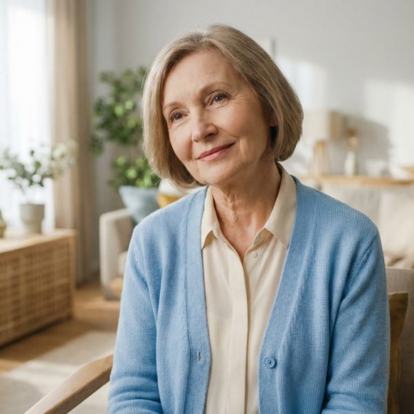 Une Femme âgée Aux Cheveux Gris Courts Portant Un Cardigan Bleu Clair Est Assise Et Sourit Dans Un Salon Lumineux Avec Des Plantes Et Un Décor Neutre.
