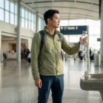 Traveler holds an empty reusable water bottle at a bright airport water refill station, ready for departure.