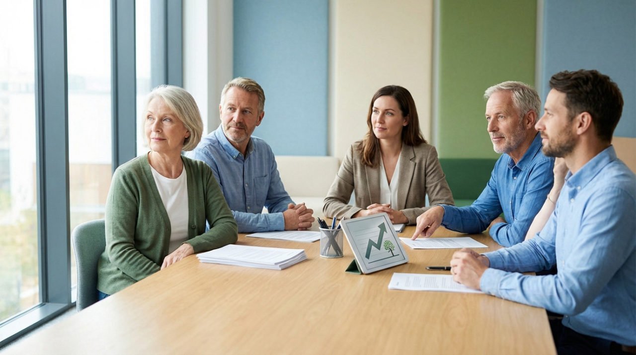Diverse group discusses financial planning around a light table with documents and a tablet showing a growth graph, in a bright consultation room.