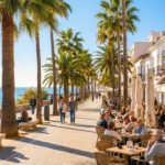 A vibrant, sun-drenched Spanish coastal promenade lined with palm trees and cafes, with people strolling and dining, overlooking the sparkling blue sea.