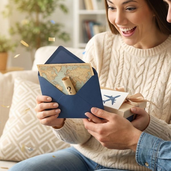 A smiling couple opening a travel surprise. The woman holds an envelope with a map and scroll; the man holds a gift box with an airplane. Confetti floats.