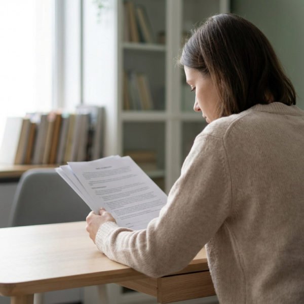 A gender-neutral individual thoughtfully reads formal documents at a modern wooden desk in a serene, sunlit home office.