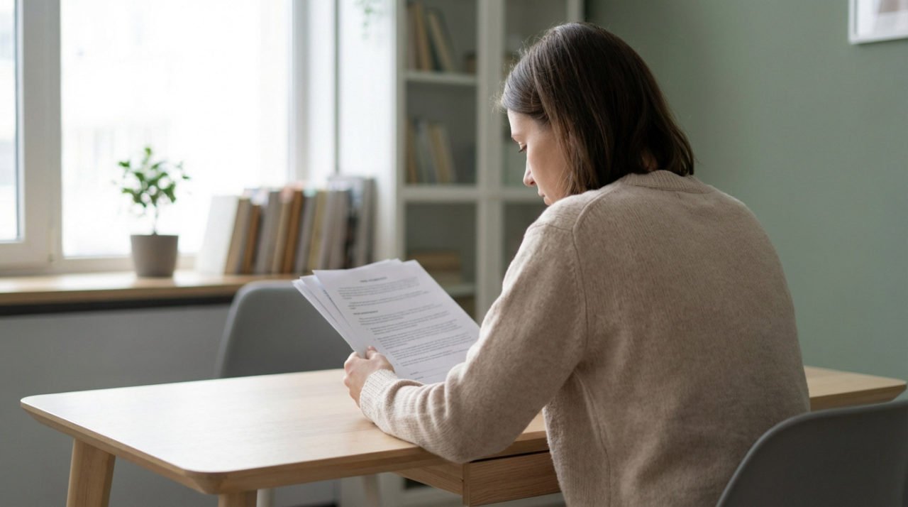 A gender-neutral individual thoughtfully reads formal documents at a modern wooden desk in a serene, sunlit home office.