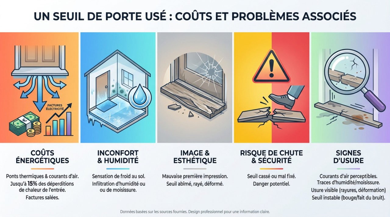 Seuil de porte usé laissant passer l'air et l'humidité, illustrant les pertes thermiques