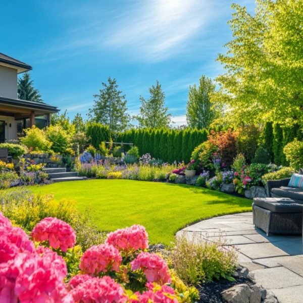 L'arrière Cour Aménagée Comprend Une Pelouse Verte, Des Parterres De Fleurs Colorés, Des Meubles De Terrasse En Osier Et Des Arbres Sous Un Ciel D'un Bleu éclatant.