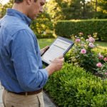 Un jardinier examine un devis numérique sur tablette dans un jardin verdoyant avec rosiers et hortensias en fleurs.