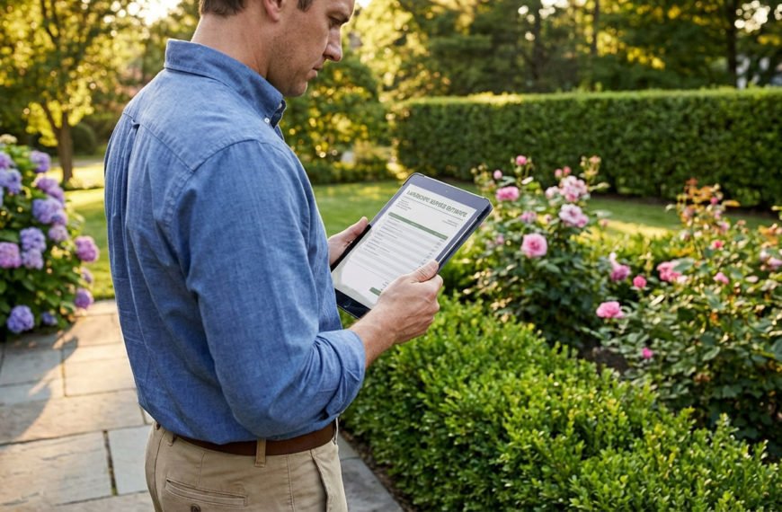 Un jardinier examine un devis numérique sur tablette dans un jardin verdoyant avec rosiers et hortensias en fleurs.