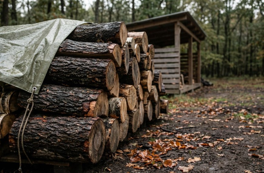Bûches de bois de chauffage empilées, partiellement couvertes d'une bâche verte mouillée. Un abri en bois et une forêt en arrière-plan.
