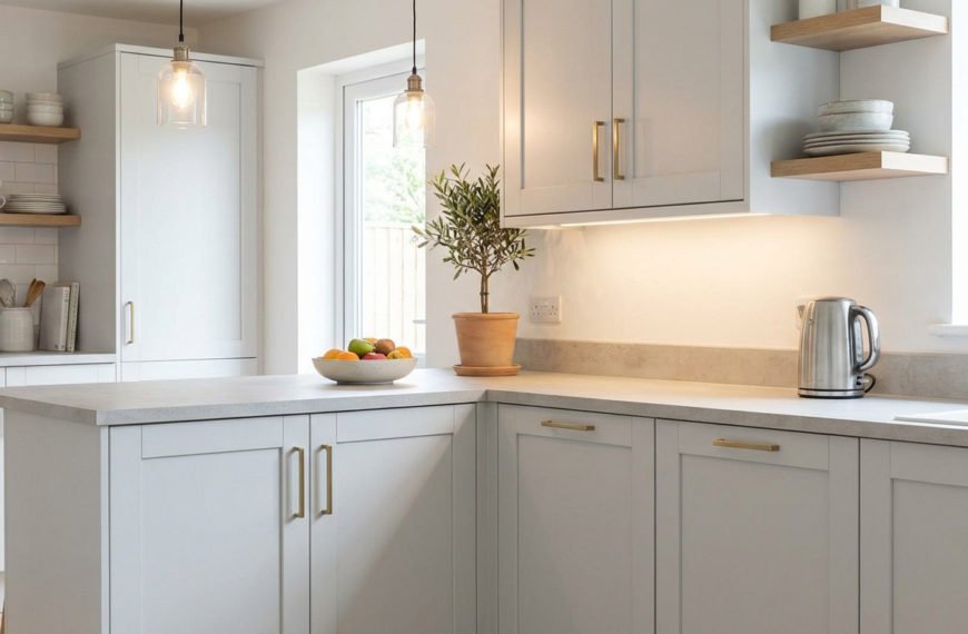A bright, modern kitchen corner with light gray cabinets, brass handles, concrete-effect worktops, and warm under-cabinet lighting. Features a potted plant, fruit bowl, and kettle.