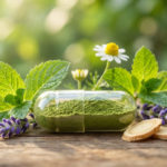Gélule Arkogélules ouverte révélant une poudre végétale verte, entourée de menthe, camomille, lavande et racines sur bois.