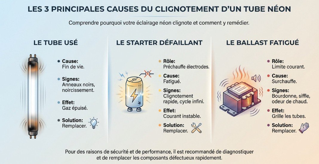 Infographie Expliquant Trois Causes Du Clignotement D'un Tube Néon : Tube Usé, Starter Défaillant, Ballast Fatigué, Avec Leurs Symptômes, Rôles Et Solutions.