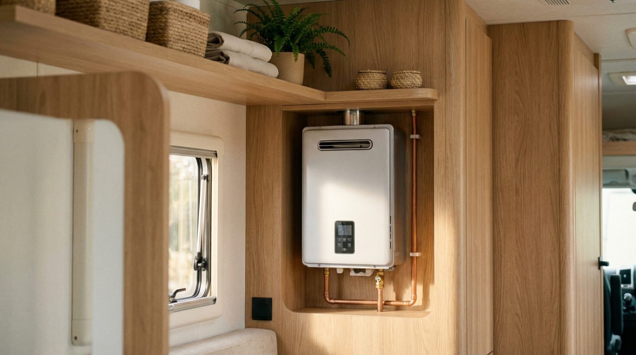 Chauffe-eau gris compact avec écran digital installé dans une alcôve en bois d'un mobil-home. Tuyaux en cuivre visibles.