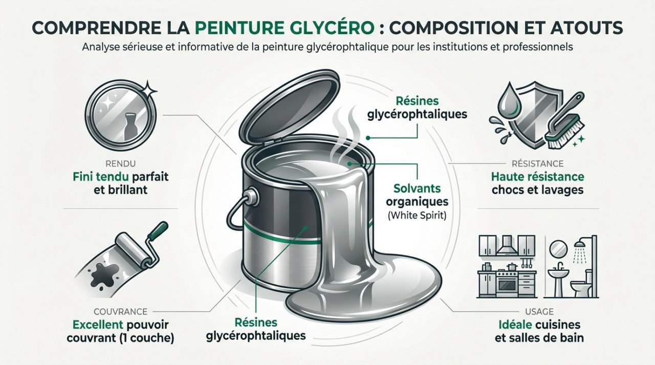 Seau de peinture glycérophtalique avec pinceau posé sur le rebord