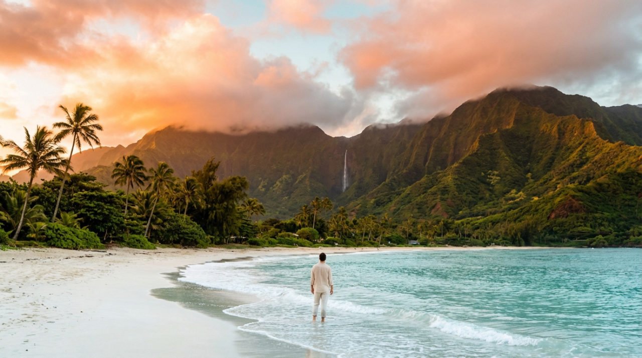 Homme contemplant une plage de sable blanc, mer turquoise et montagnes verdoyantes avec cascade sous ciel orangé.