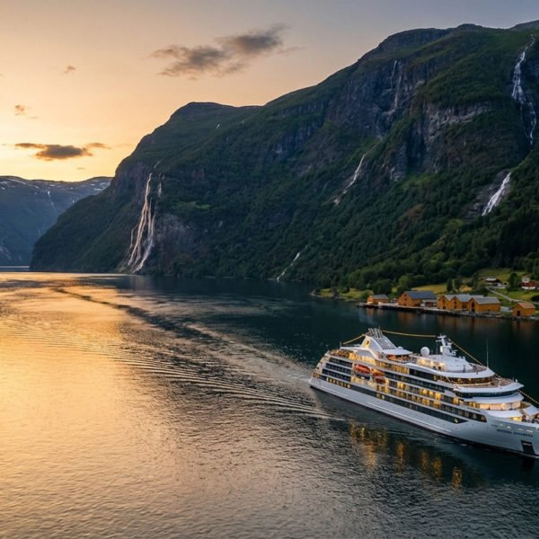 Navire de croisière blanc naviguant dans un fjord norvégien au coucher du soleil. Montagnes verdoyantes, cascades et village côtier.
