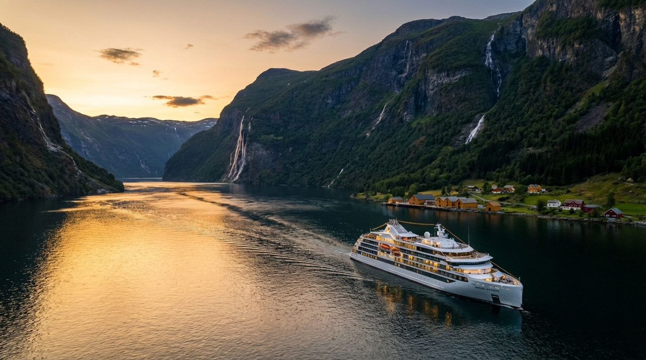 Navire de croisière blanc naviguant dans un fjord norvégien au coucher du soleil. Montagnes verdoyantes, cascades et village côtier.