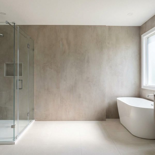 Salle de bain moderne épurée avec douche vitrée, baignoire îlot, meuble-lavabo flottant et panneaux muraux clairs.