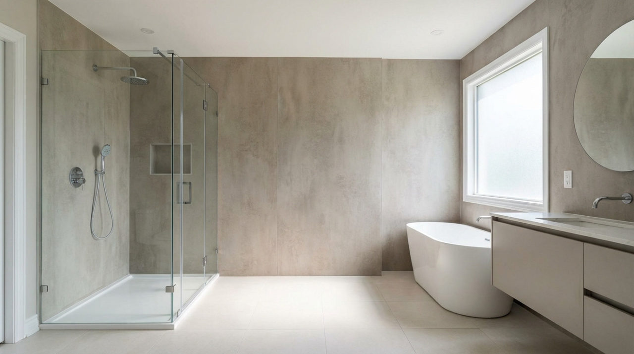 Salle de bain moderne épurée avec douche vitrée, baignoire îlot, meuble-lavabo flottant et panneaux muraux clairs.