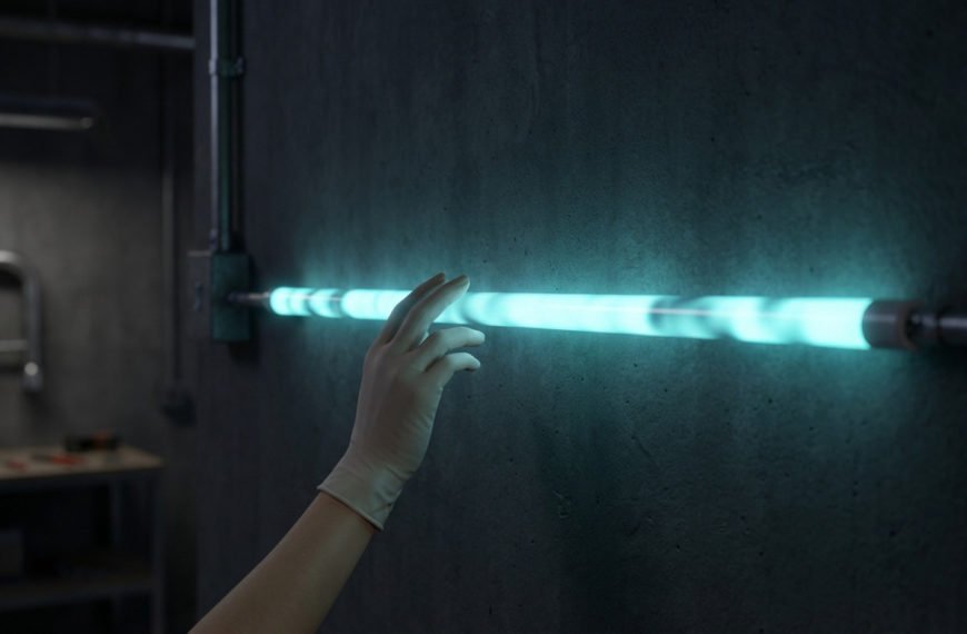 Une main gantée touche un tube néon bleu-vert vibrant ou clignotant, fixé à un mur sombre. Ambiance de laboratoire.