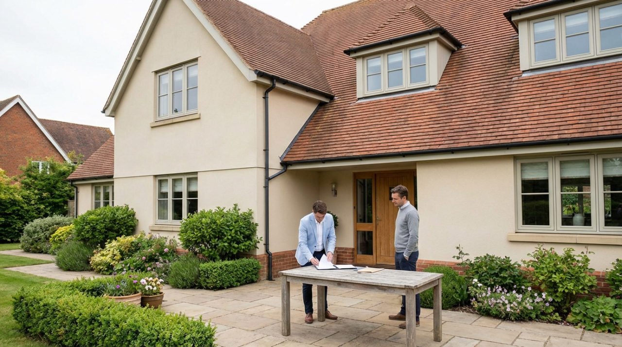 Deux hommes discutant un accord devant une grande maison moderne avec jardin bien entretenu, documents sur une table.