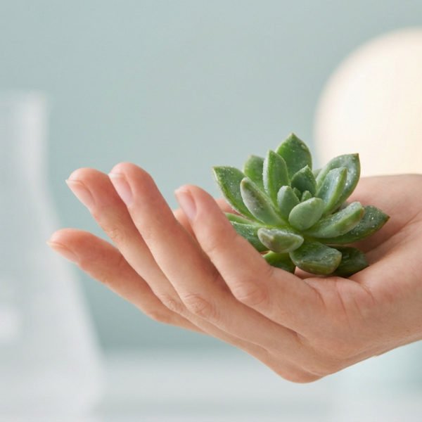 Une main tient délicatement une succulente verte couverte de gouttelettes. En fond, une fiole de laboratoire et lumière douce.