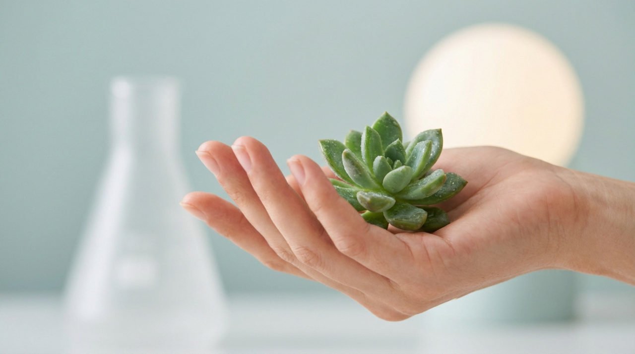 Une main tient délicatement une succulente verte couverte de gouttelettes. En fond, une fiole de laboratoire et lumière douce.