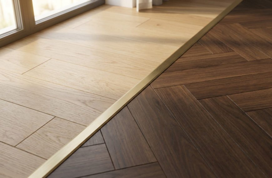 Close-up of a gold transition strip between light oak straight plank and dark walnut herringbone parquet flooring.
