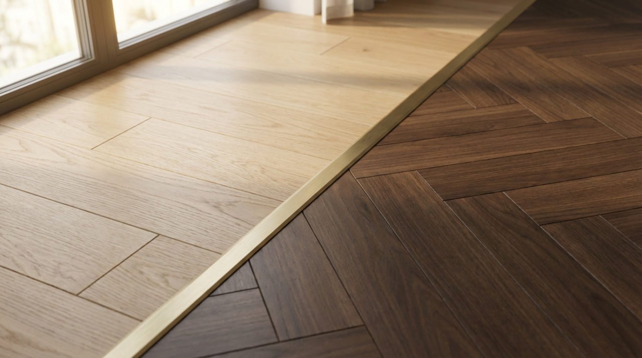 Close-up of a gold transition strip between light oak straight plank and dark walnut herringbone parquet flooring.