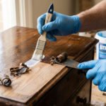Gloved hands stripping varnish from a wooden chest, applying paste with a brush and scraping off softened layers to reveal natural wood.