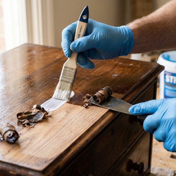 Gloved hands stripping varnish from a wooden chest, applying paste with a brush and scraping off softened layers to reveal natural wood.