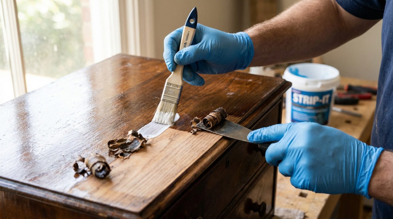 Gloved hands stripping varnish from a wooden chest, applying paste with a brush and scraping off softened layers to reveal natural wood.