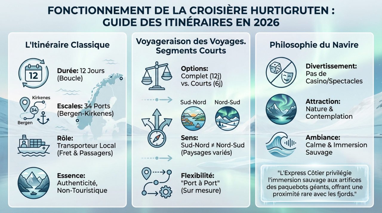 Carte de l'itinéraire classique Hurtigruten le long de la côte norvégienne entre Bergen et Kirkenes