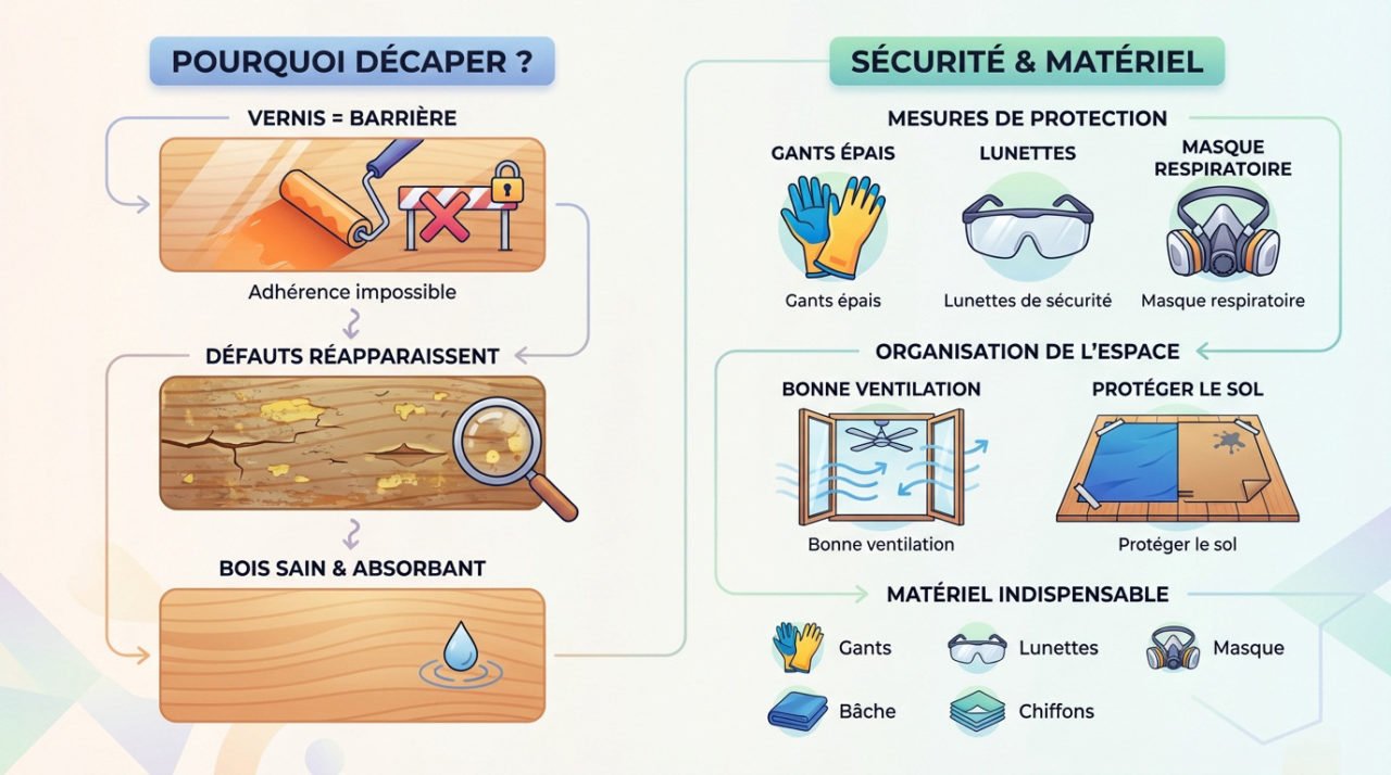 Meuble en bois en cours de décapage avec outil et gants de protection