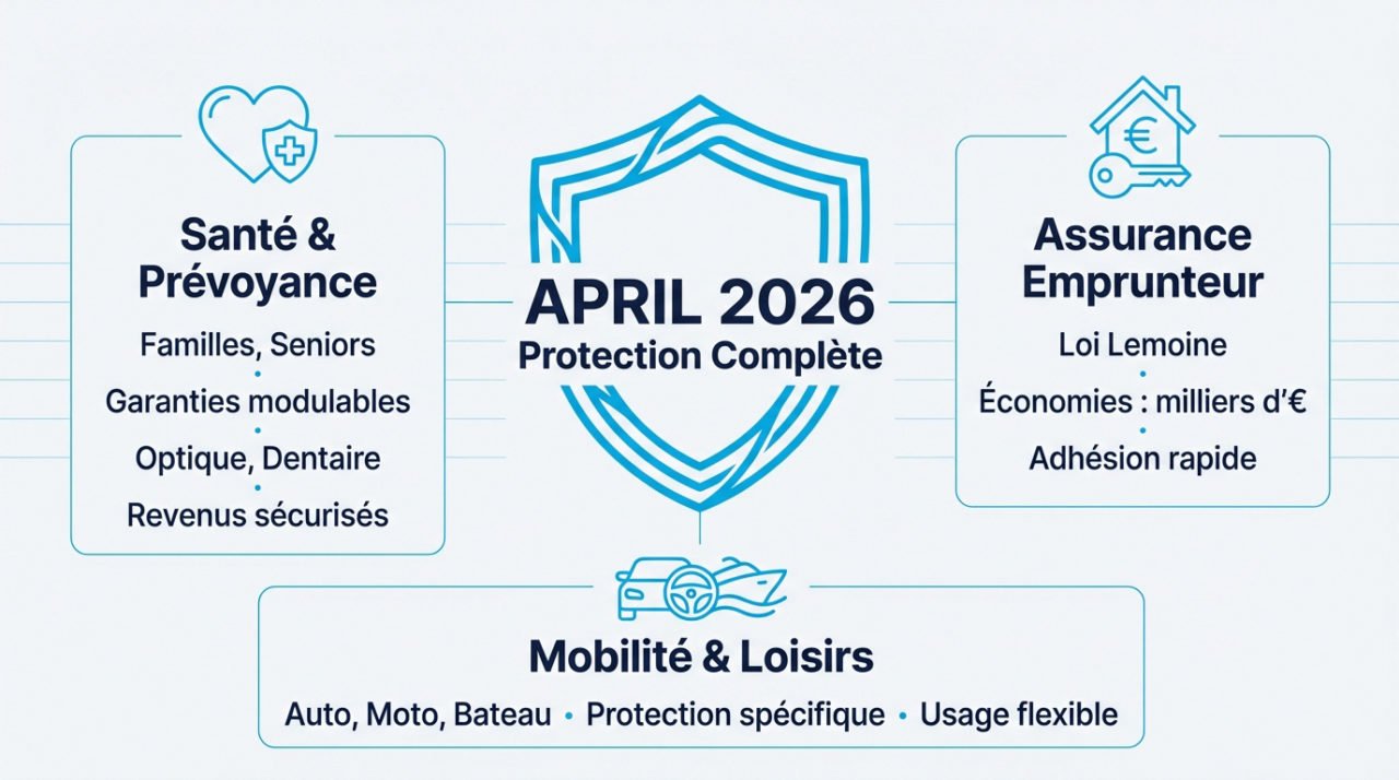 Infographie des solutions April Assurance pour la santé, l'emprunteur et la mobilité en 2026