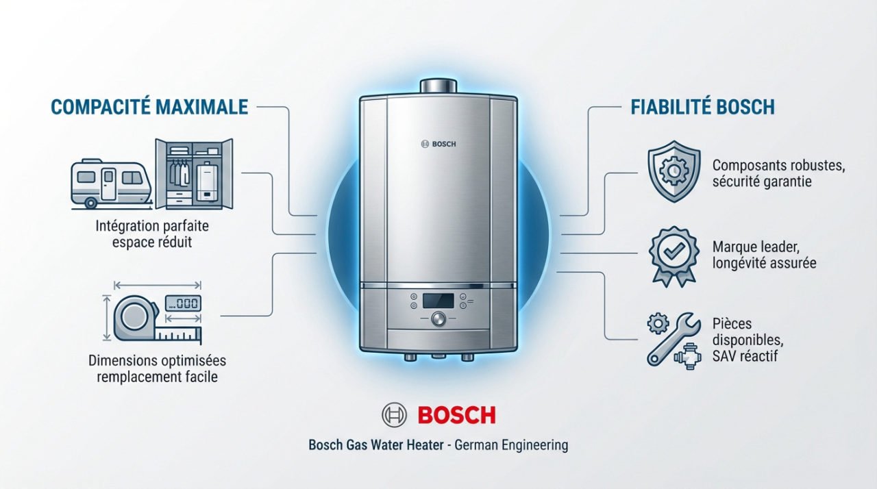 Infographie montrant la compacité et la fiabilité du chauffe-eau gaz Bosch pour mobil-home
