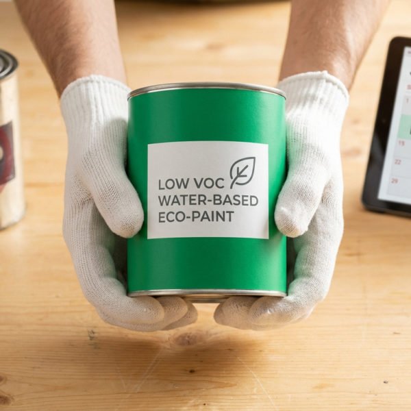 Mains gantées tenant une peinture écologique bas COV, près de pots de peinture ancienne et d'une tablette affichant « JANVIER 2026 NOUVELLES RÉGLEMENTATIONS ».