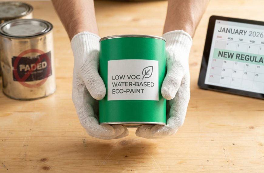 Mains gantées tenant une peinture écologique bas COV, près de pots de peinture ancienne et d'une tablette affichant « JANVIER 2026 NOUVELLES RÉGLEMENTATIONS ».