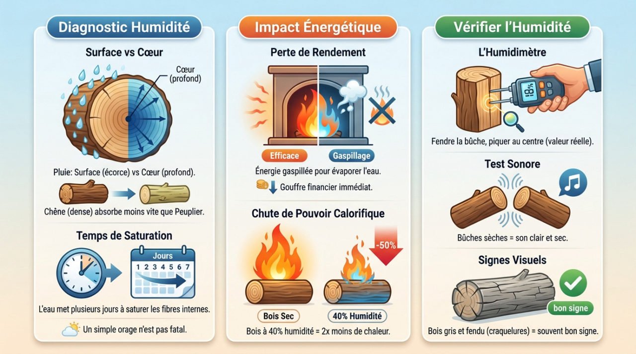 Diagnostic de l'humidité d'une bûche de bois de chauffage après la pluie
