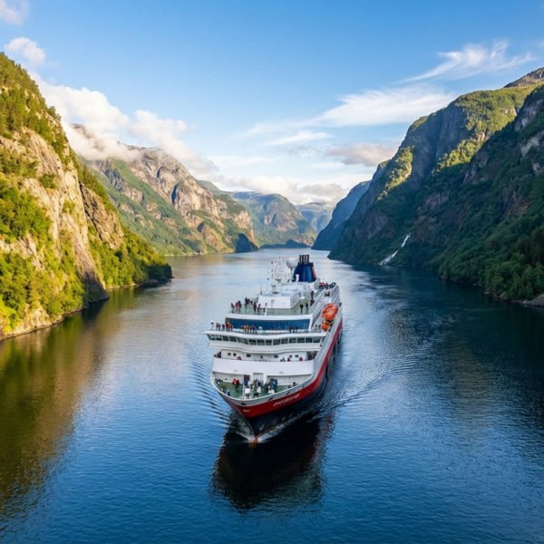 A modern white and red cruise ship sails through a stunning Norwegian fjord with steep green cliffs reflecting in calm blue water under a clear sky.