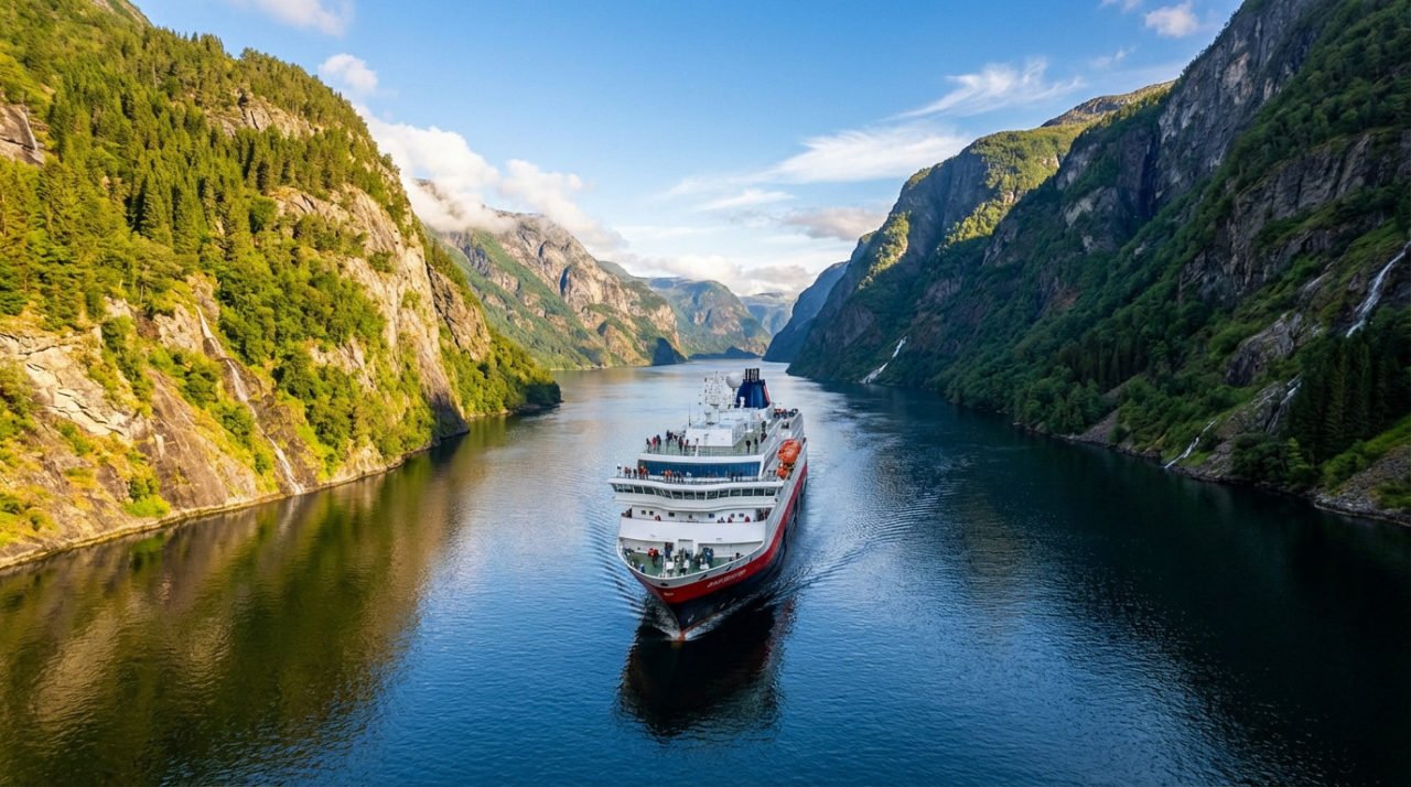 A modern white and red cruise ship sails through a stunning Norwegian fjord with steep green cliffs reflecting in calm blue water under a clear sky.