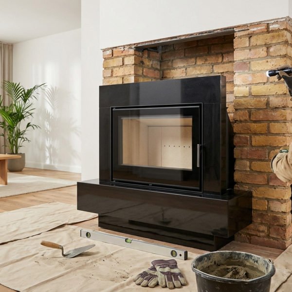 A worker inspects a partially reconstructed brick chimney breast with a flashlight, installing a sleek black fireplace insert in a modern living room. Renovation tools are in the foreground.