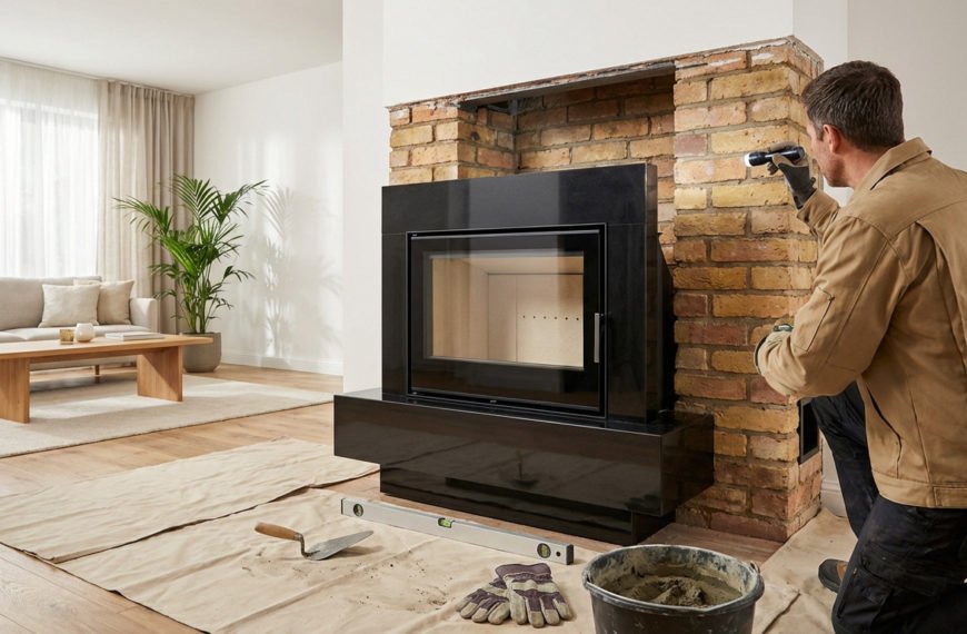 A worker inspects a partially reconstructed brick chimney breast with a flashlight, installing a sleek black fireplace insert in a modern living room. Renovation tools are in the foreground.