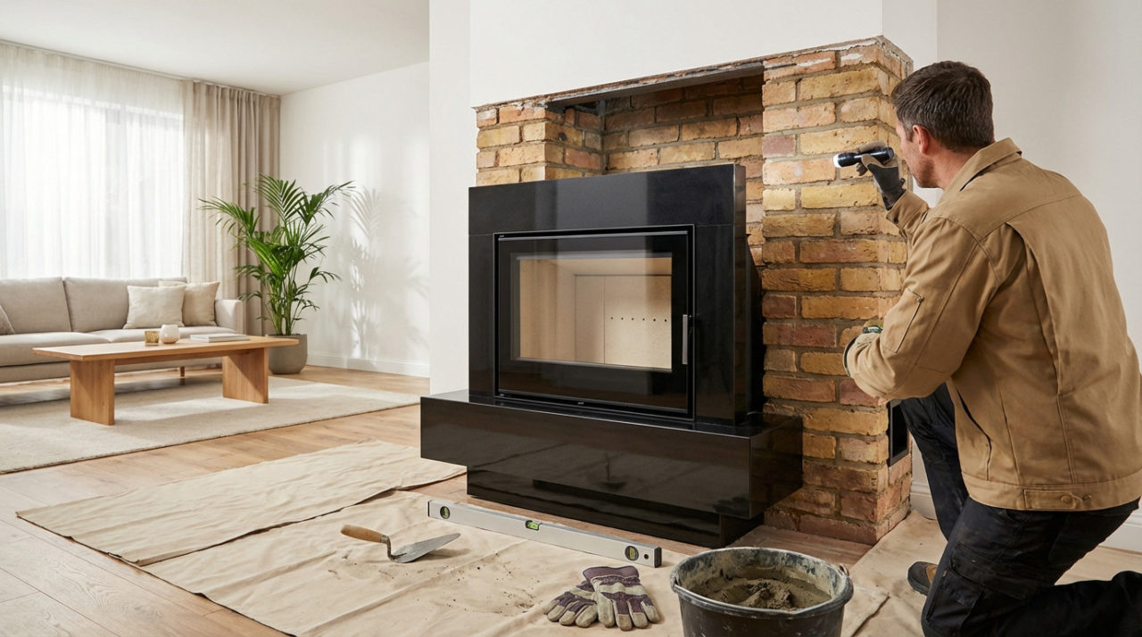 A worker inspects a partially reconstructed brick chimney breast with a flashlight, installing a sleek black fireplace insert in a modern living room. Renovation tools are in the foreground.