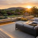 Vue d'une terrasse moderne au coucher du soleil avec salon de jardin, brasero, bassin d'eau, bancs lumineux et jardin méditerranéen.