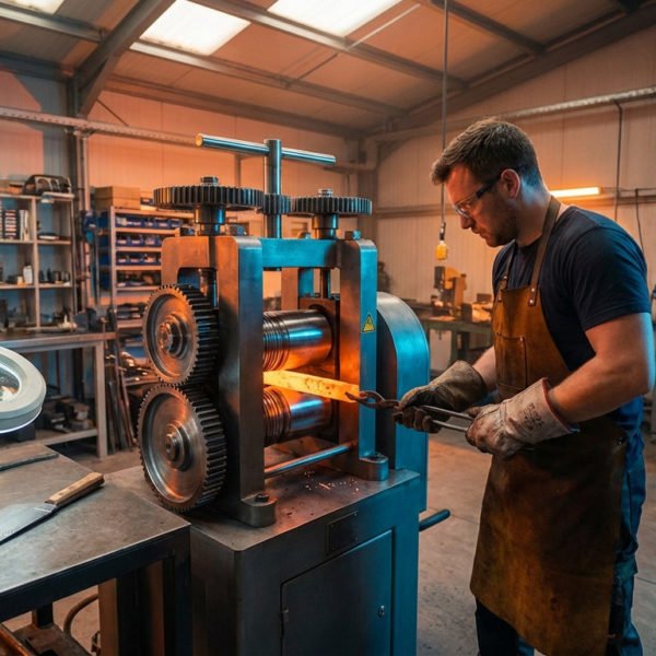 A skilled artisan feeds glowing hot metal into a modern rolling mill in a professional forge workshop. Dramatic lighting highlights the process.
